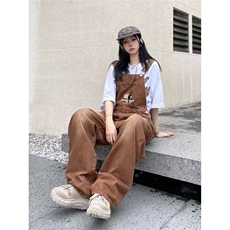 美式复古棕色汉堡刺绣背带裤女宽松直筒裤显瘦牛仔裤连体裤ins潮，男装牛仔裤，星座506A