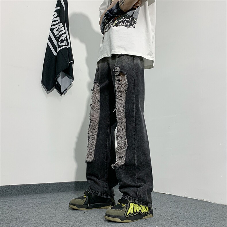 欧美hiphop炸街裤子美式复古渐变色破洞牛仔裤直筒裤潮N01459-P43,男装牛仔裤,星座308B-1