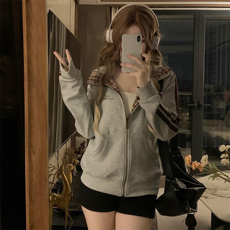 A407-P92美式复古开衫格子卫衣帽秋季薄款显瘦运动正肩外套，女装短外套，星座911