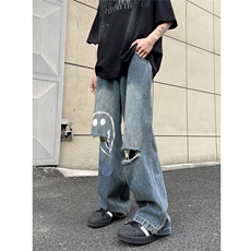 美式复古笑脸涂鸦破洞做旧宽松直筒牛仔裤3XZ502-K749-P55控79，男装牛仔裤，星座502