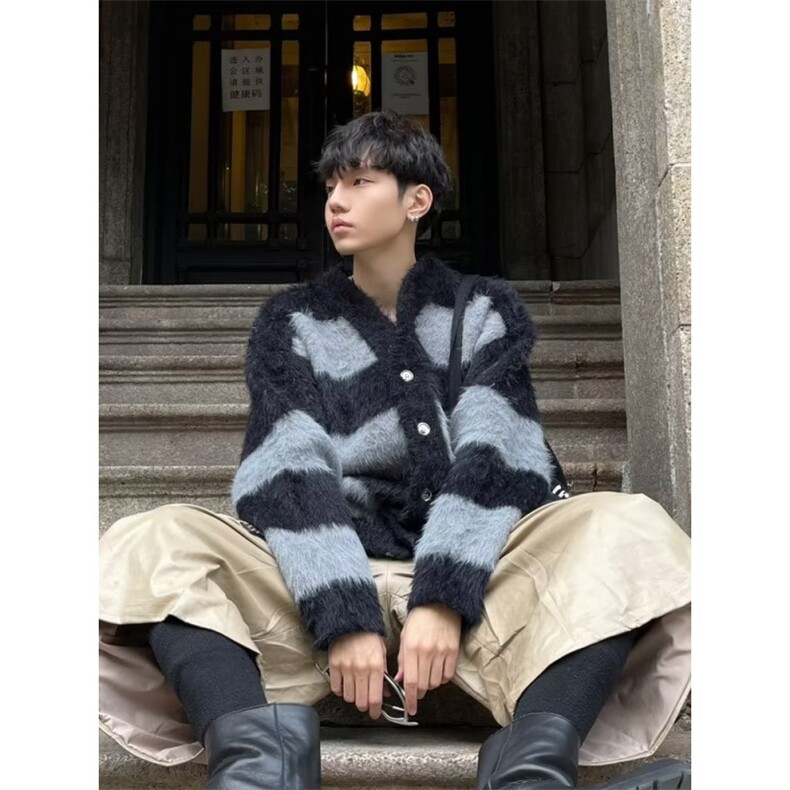 美式撞色V领开衫毛衣男慵懒风潮牌宽松条纹仿水貂绒针织情侣外套,男装针织衫/毛衣,星座516A