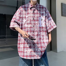 美式嘻哈高街撞色字母印花宽松小香风扎染多彩格纹衬衫S37/P35，男装衬衫，星座506