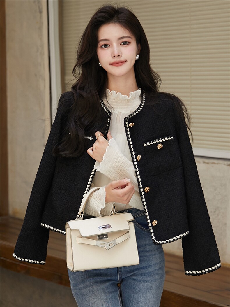 黑色法式短款小香风外套女春季新款洋气减龄外搭气质时尚上衣,女装短外套,艾米莉亚