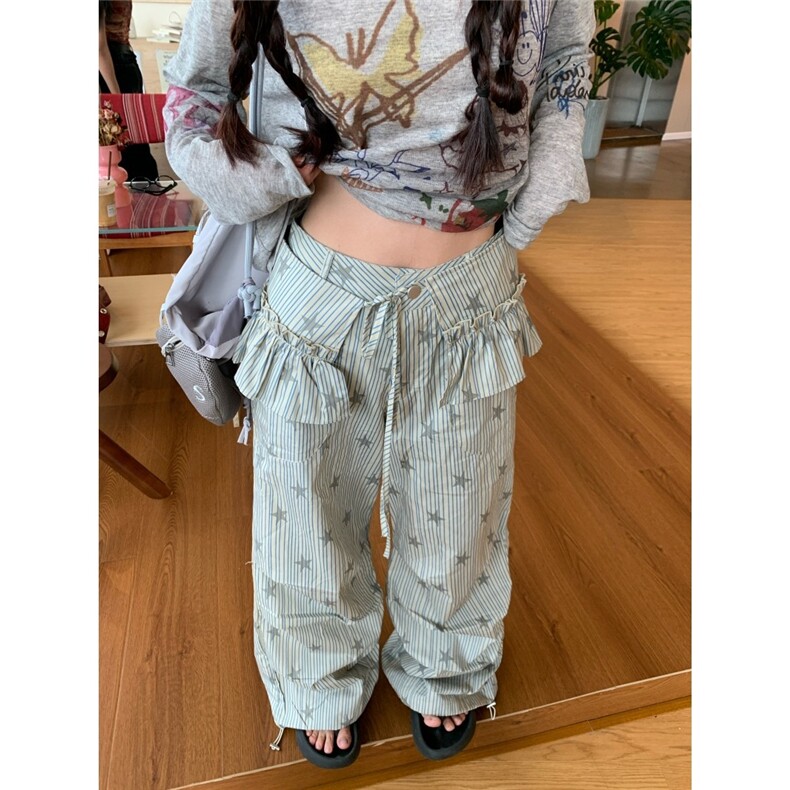 美式条纹满印工装裤女秋季休闲褶皱阔腿裤可拆卸屁帘LB30933-P50,男装工装外套,星座1008