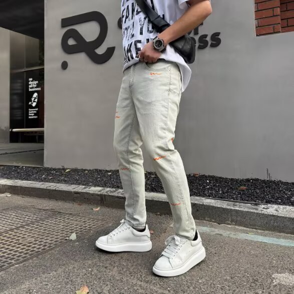 做旧水洗破洞男士牛仔裤春夏季潮韩版涂鸦百搭青年修身小脚九分裤,男装牛仔裤,星座1210-1