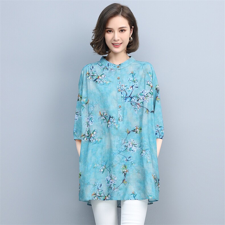 2021夏季新款简约时尚宽松休闲舒适中长款印花衬衫,女装衬衫,悦见她