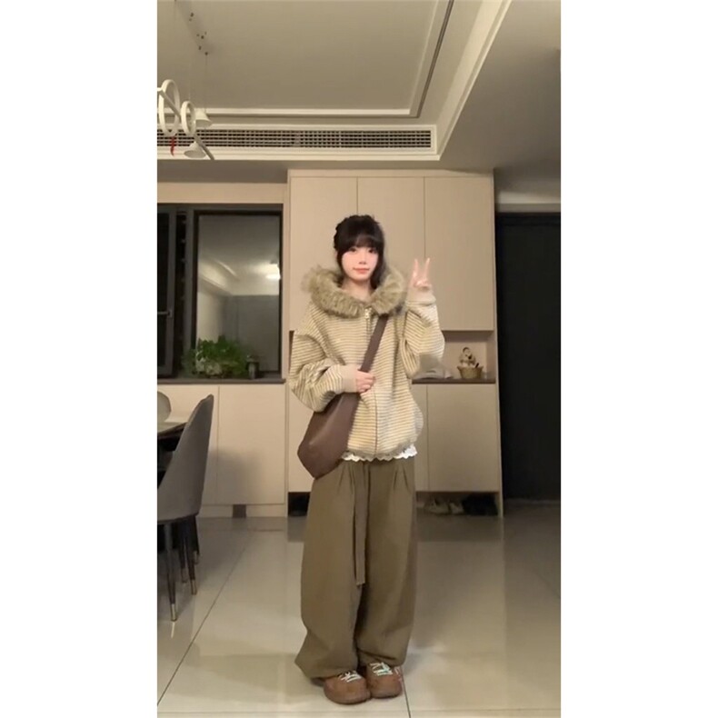 XZ1005-1-TTH0172-P88条纹可拆卸毛领拉链开衫卫衣连帽情侣外套,女装短外套,星座1005-1
