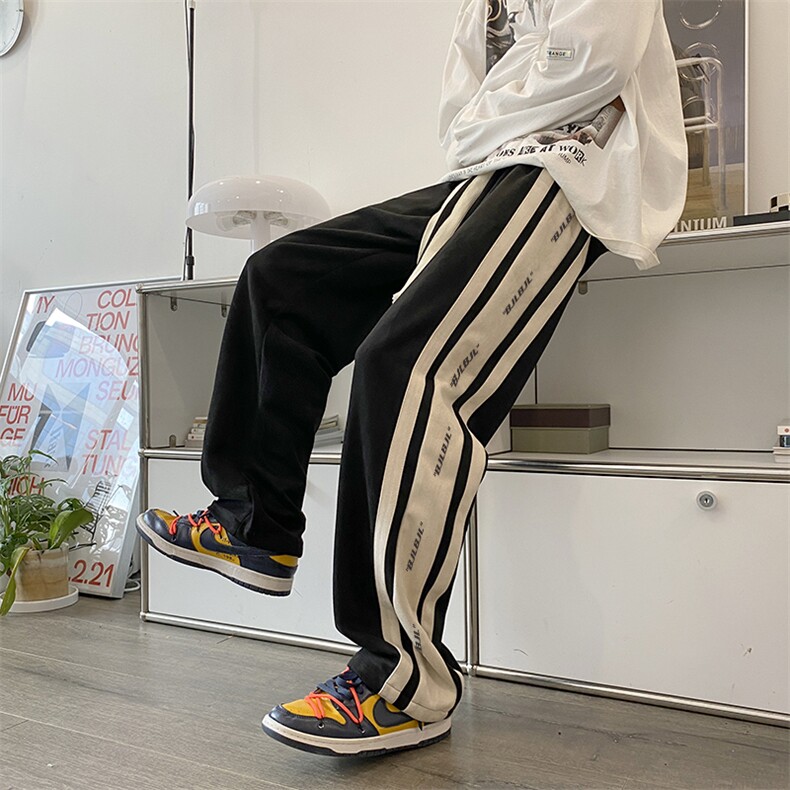 秋季条纹麂皮绒直筒长裤男潮牌高街情侣休闲运动裤子K0237-P43,男装休闲裤,星座308B-1