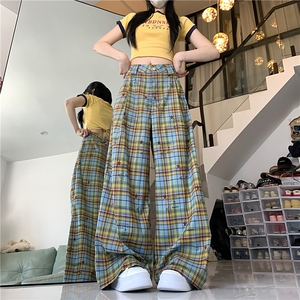 X368-P58 美式复古格纹星星涂鸦休闲裤夏宽松百搭慵懒垂感长裤子图片
