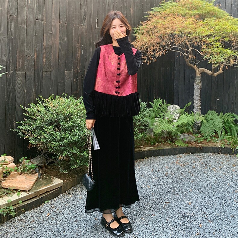 新中式印花马甲套装裙女2025年秋季新款高级感打底衫半身裙三件套,女装套装/套裙,2C007