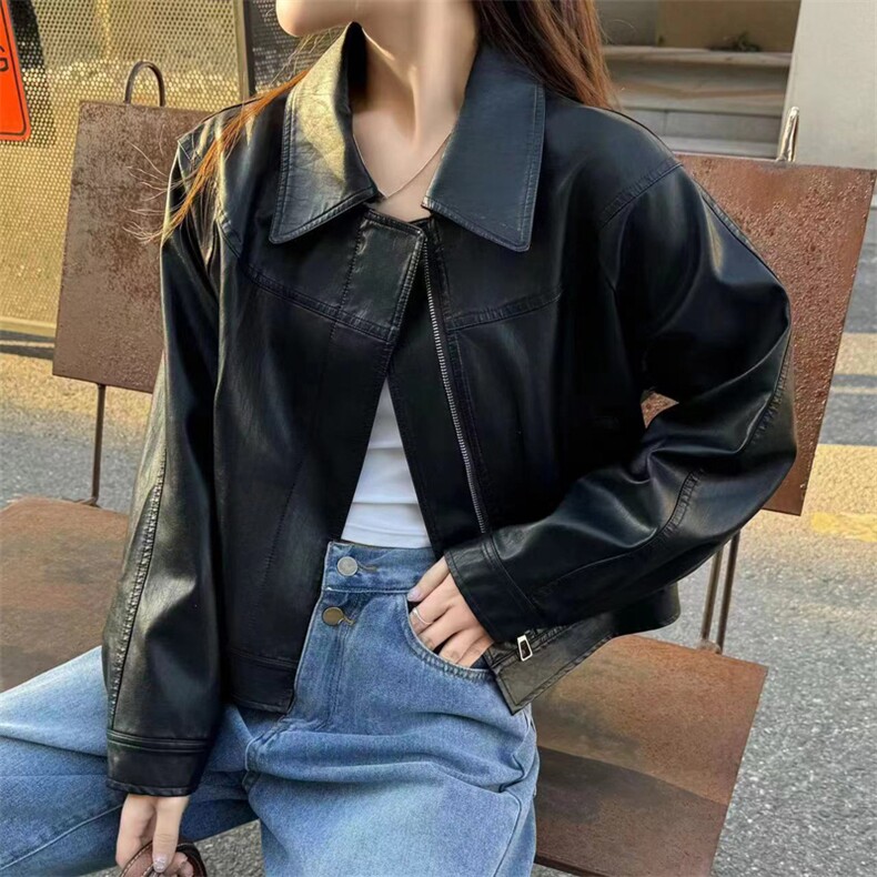 港式复古翻领时尚皮衣女短款2025春新款立领机车服韩系小个子上衣,女装皮衣,2C229