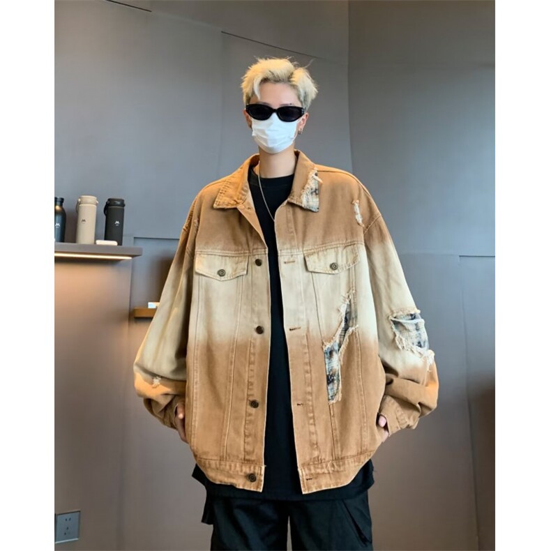 渐变色牛仔外套男士韩版潮流宽松破洞帅2024秋冬ins夹克W6145-P78图片