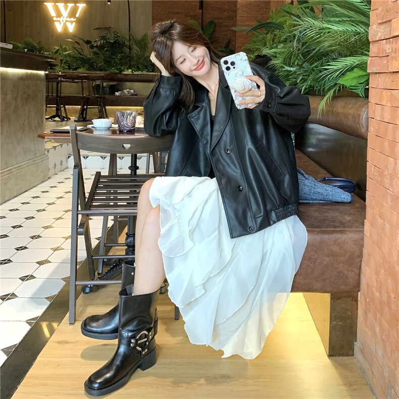 黑色皮衣外套女新款高级感短款夹克今年西装流行小个子美式复古,女装皮衣,2C166