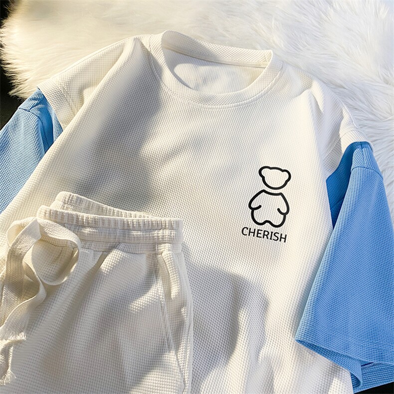 平铺2023夏季新款华夫格拼接假两件套装圆领短袖TZ622p75控98，男装休闲套装，电商A247-1