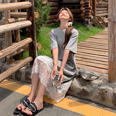 韩版下摆拼接蕾丝假两件T恤连衣裙女2025夏季时尚宽松大版中长裙，女装连衣裙，2C123