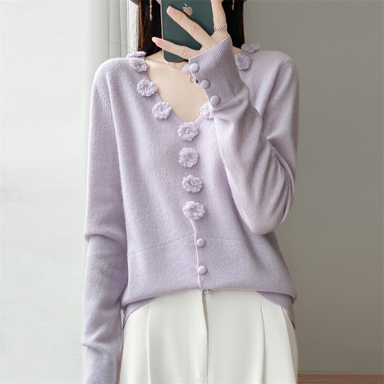 V领勾花毛衣女100纯羊毛衫2025秋冬新款宽松慵懒风针织打底上衣，女装针织衫/毛衣，江南羊绒