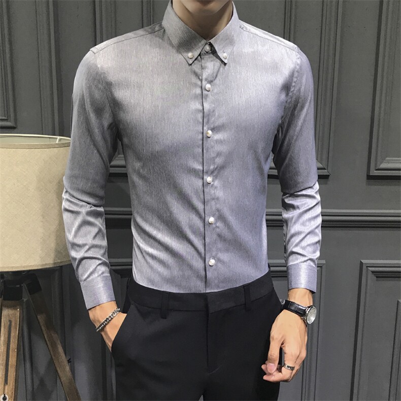 浅灰色男生修身衬衫男翻领衬衣 C605-P40图片