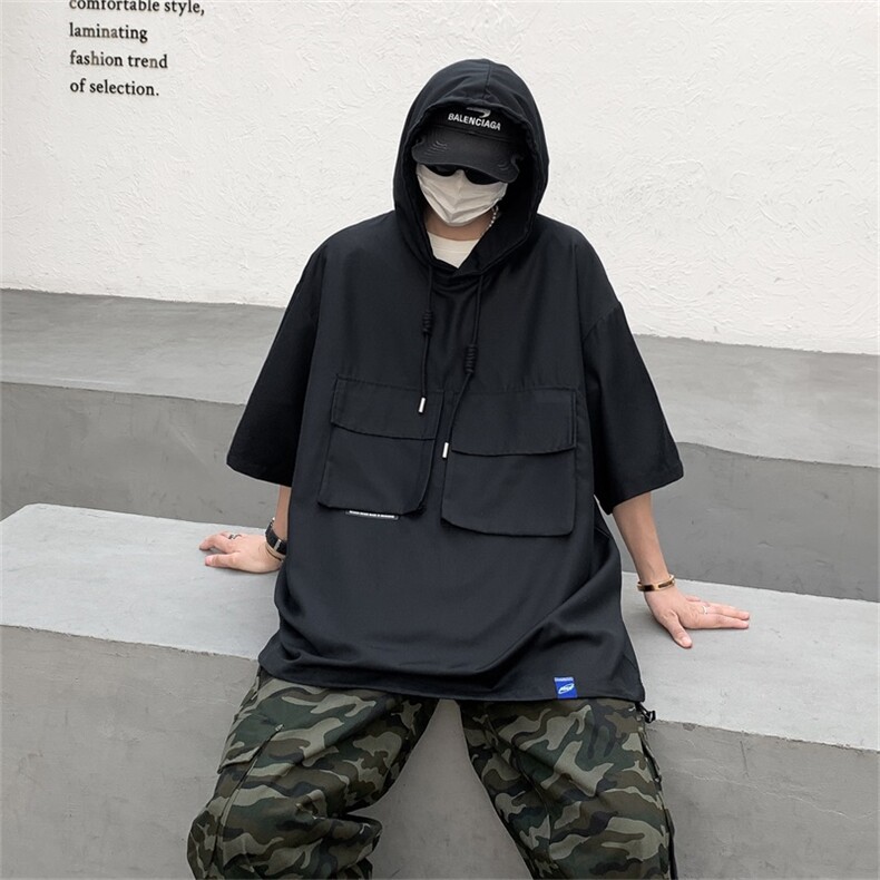 DSA028-KBMQ01P38夏季复古潮牌连帽工装短袖男百搭休闲卫衣,男装T恤,电商A028