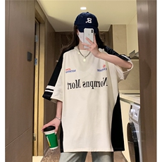 中性夏季新款机车撞色拼接织带印花圆领宽度短袖T恤D287P45，男装T恤，电商A335-1（原A458）