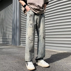 美式vibe风裤子高街潮牌黄泥染水洗破洞牛仔裤男复古街头阔腿长裤，男装牛仔裤，星座1013