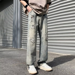 美式vibe风裤子高街潮牌黄泥染水洗破洞牛仔裤男复古街头阔腿长裤图片