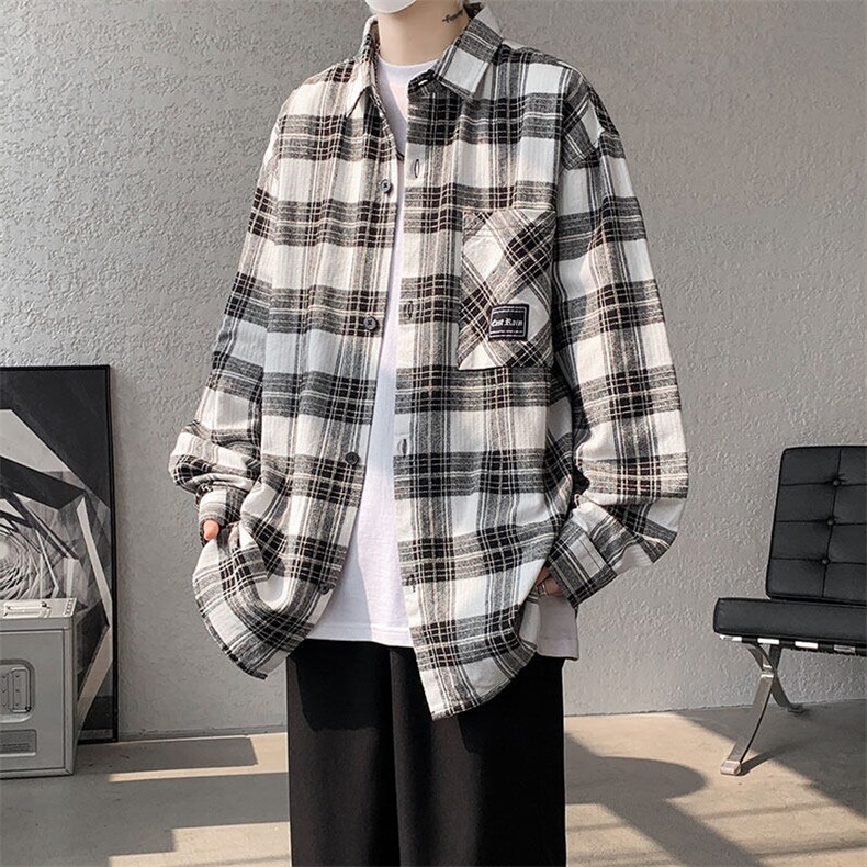 衬衫男2025春季新款港风宽松格子大码长袖衬衣CS258-P45(现货)，男装衬衫，星座214-3