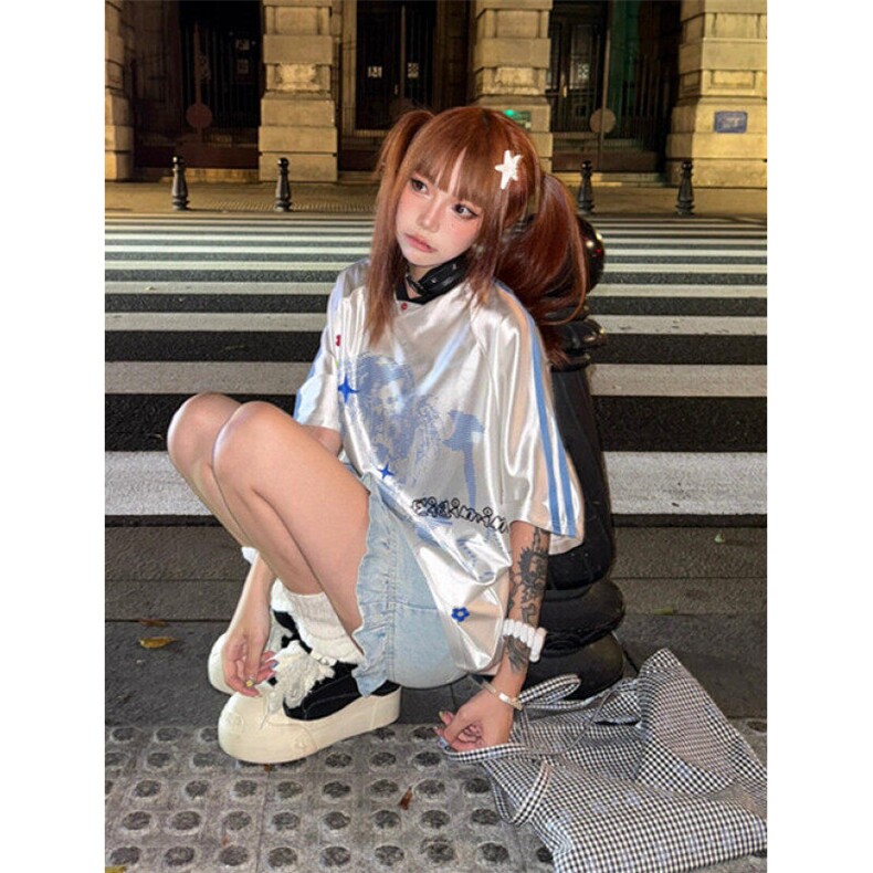 美式复古卡通少女球衣短袖T恤女宽松拼接V领休闲上衣夏TB116,男装T恤,星座1116A（原606A-3）