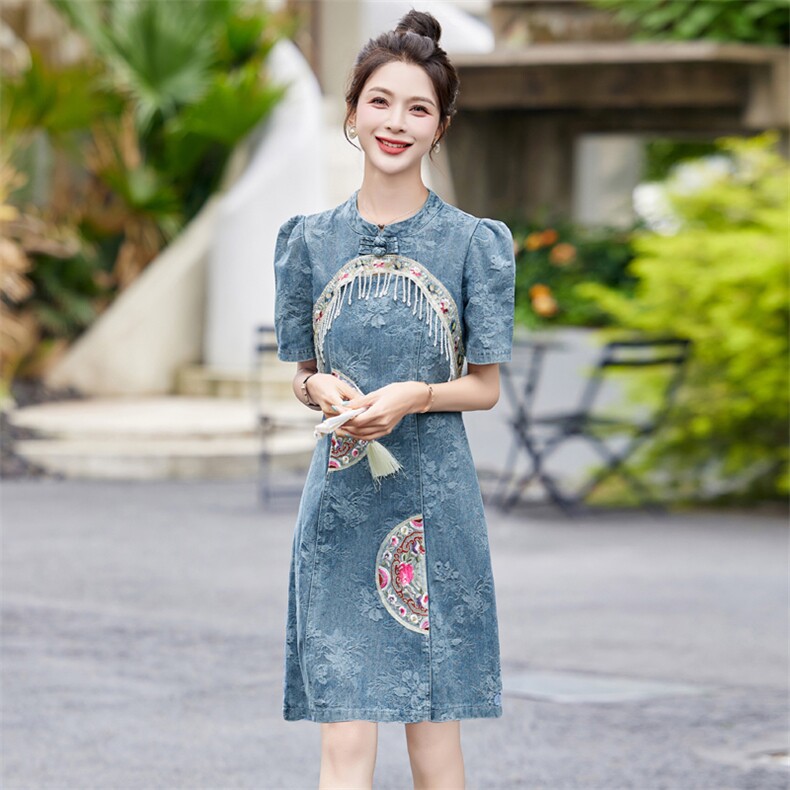 国风新中式重工流苏牛仔连衣裙女2024夏新款收腰显瘦减龄提花裙子,女装连衣裙,英标秀（1C119）