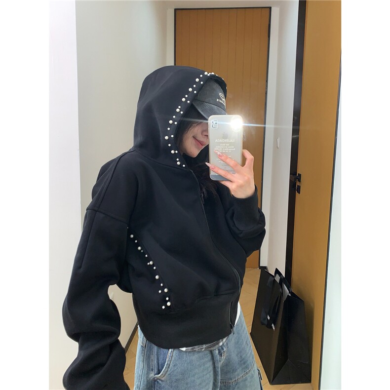 HY0630-P58网图华棉复合350克原版钉珍珠短款连帽外套女复古修身,女装卫衣/绒衫,电商C233