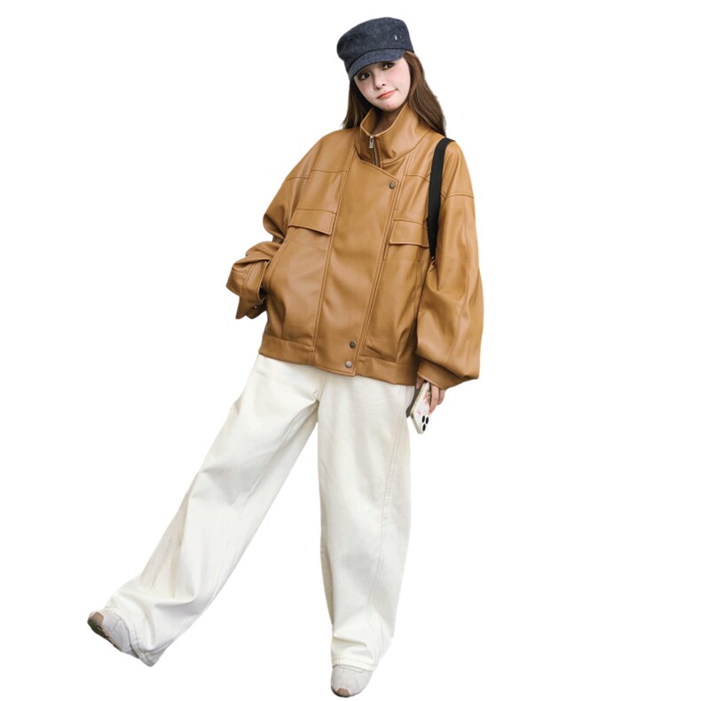 咖色立领皮衣外套女2025年秋季新款时尚超火绝美设计感减龄皮夹克,女装皮衣,2D008