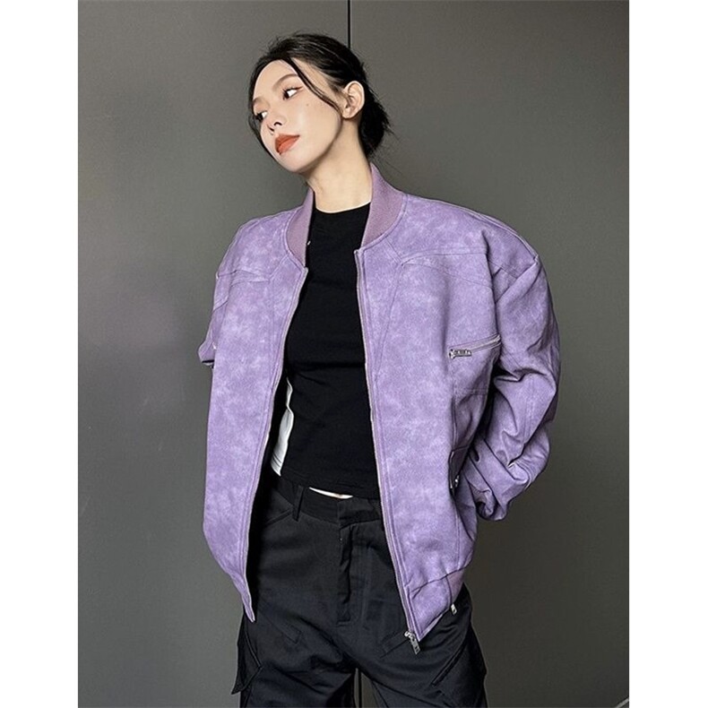 紫色短款皮衣外套男女高级感春秋季高街机车飞行员夹克JF223,男装夹克,星座1116A（原606A-3）