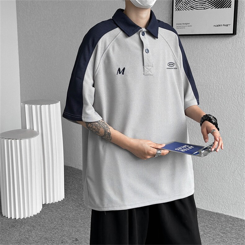 华夫格Polo衫男美式复古撞色短袖t恤宽松休闲五分袖上衣PL081-P33,男装Polo衫,星座308B-1