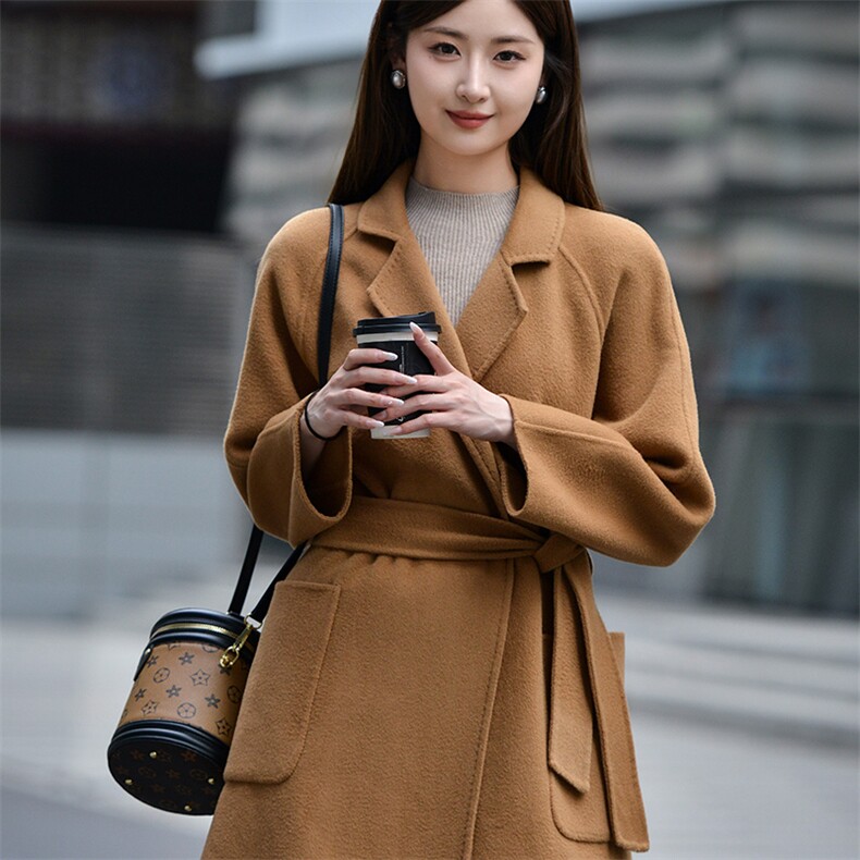 2024秋冬季新款羊毛呢子大衣女中长款宽松大衣,女装双面呢大衣,亿美羊绒