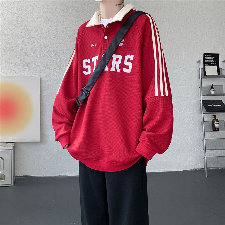 美式复古Polo领卫衣大码秋季重磅刺绣条纹上衣撞色外套WY5113/P65,女装短外套,电商B238