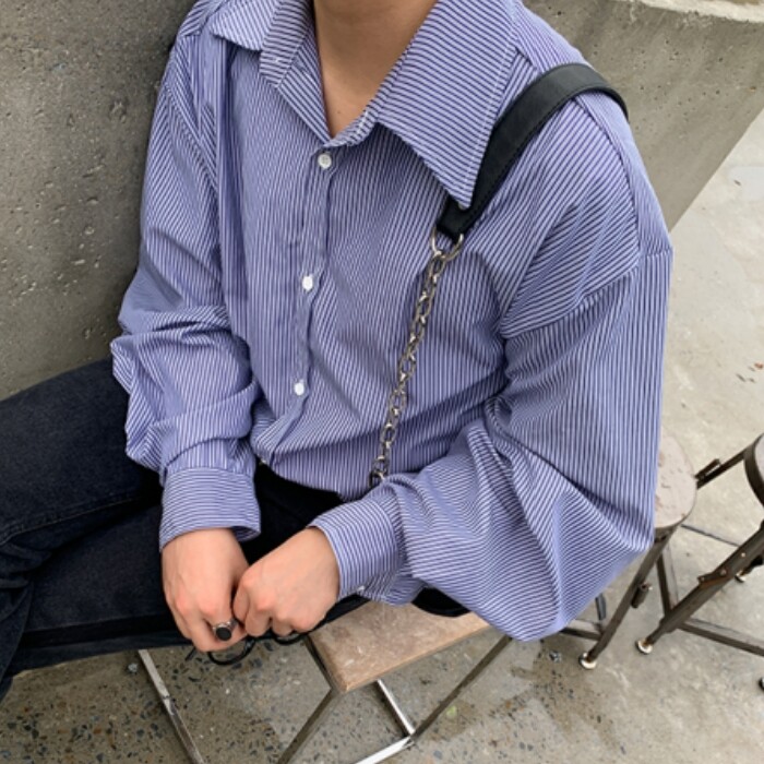 条纹休闲衬衫男春季宽松长袖衬衣韩版潮流翻领上衣710-808,男装衬衫,星座710