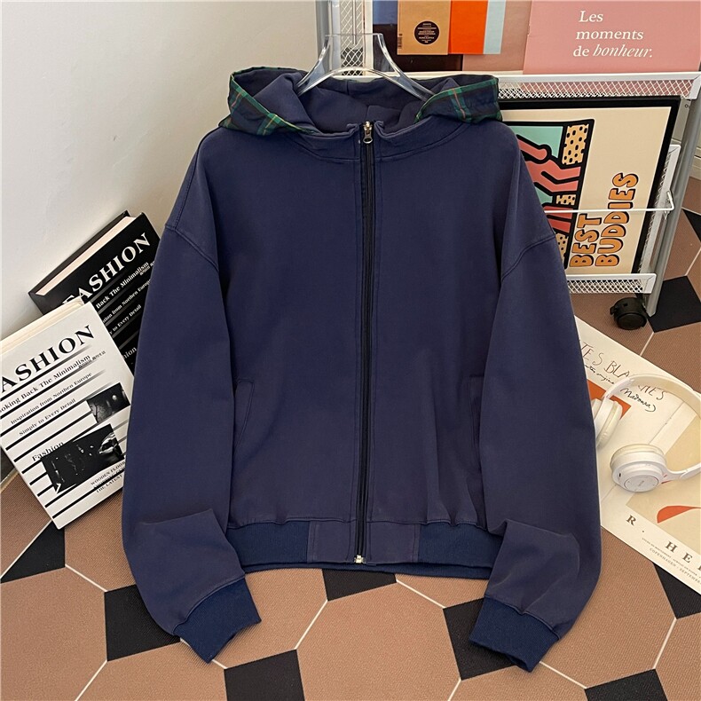 美式复古格纹撞色帽衫男款简约cleanfit休闲宽松百搭卫衣外套CY75,女装短外套,星座601-1