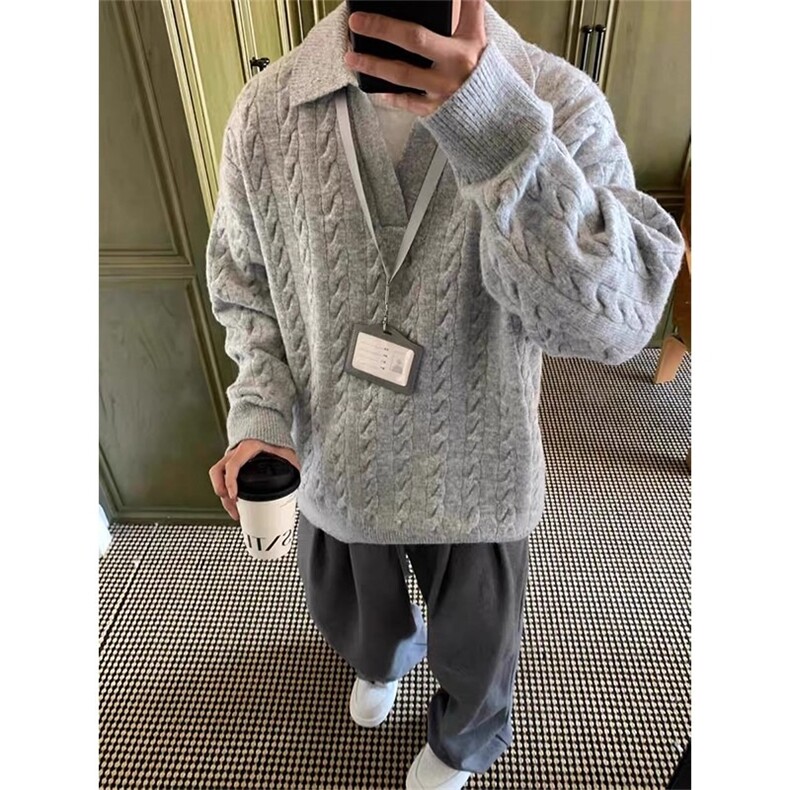 2524-P60美拉德色系慵懒风假两件毛衣老钱风双层领翻领,男装针织衫/毛衣,电商B323A