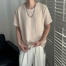 夏季质感亚麻短袖T恤男凉爽透气大码现货A351-M01-P40蓝灰色P45，男装T恤，电商A351