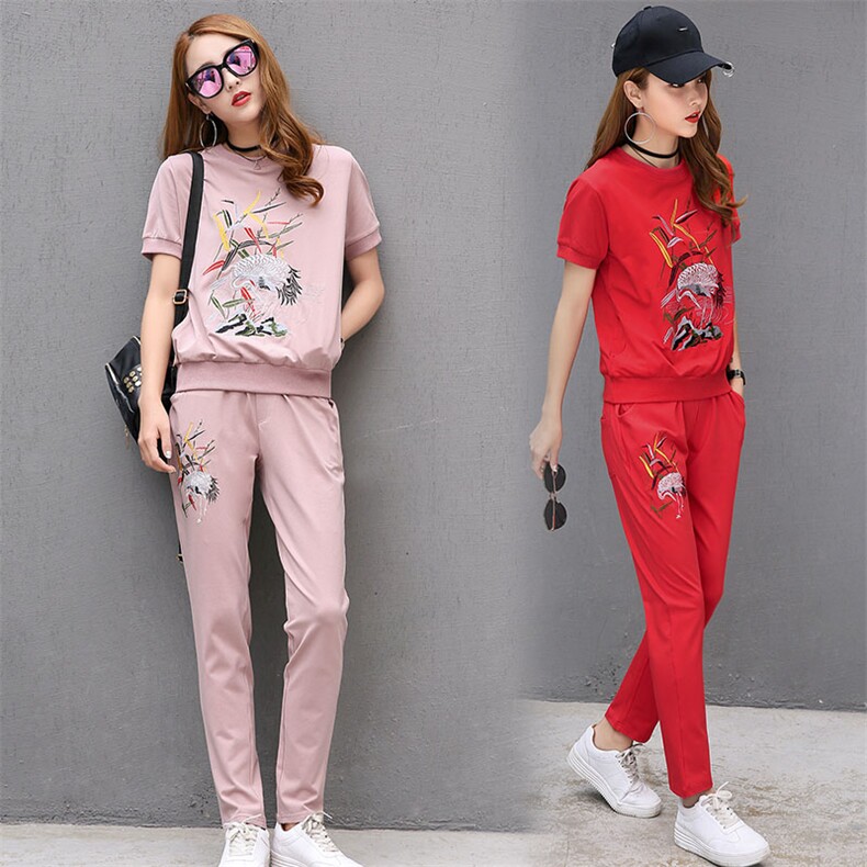 植物花卉潮流图案时尚纯色气质短袖圆领长裤套装/套裙2020年夏季，女装套装/套裙，凯瑟曼