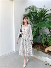 韩版甜美淑女时尚气质高雅艺术盘扣复古风连衣裙，女装连衣裙，荷塘月色