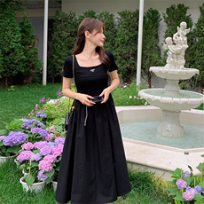 夏季新款拼接连衣裙显瘦修身黑色长裙时尚百搭气质女神装，女装连衣裙，灵力轩