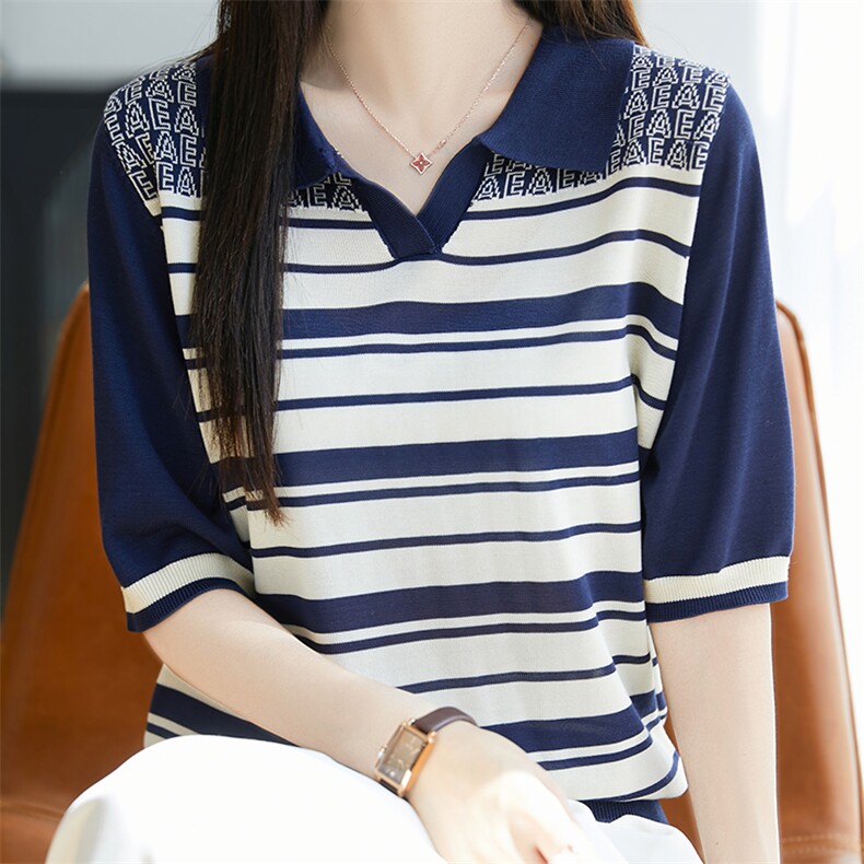 夏季100%莱赛尔天丝针织短袖T恤女polo领条纹上衣宽松半袖打底衫,针织衫/毛衣,唐诺