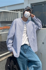 设计感条纹衬衣文艺范男宽松休闲港味立领衬衫外套C2270-特价P45，男装衬衫，电商A007