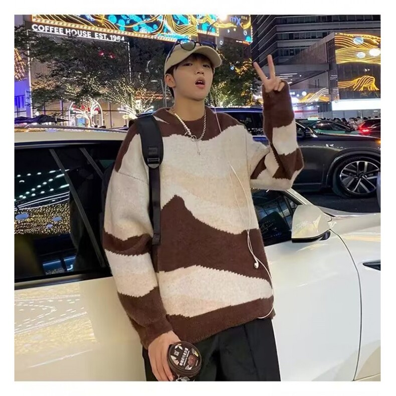 B436P45青少年秋季慵懒风软糯复古针织条纹春秋毛衣圆领长,男装针织衫/毛衣,星座512-6