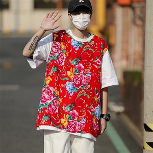 MJ04夏新男士休闲透气凉爽坎肩无袖马甲男女团队服东北大花喜庆潮图片