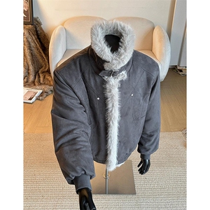 现货重磅硬挺boxy羽绒棉衣座山雕大毛毛领洗水麂皮棉服冬外套图片