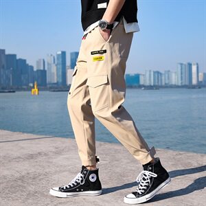 纯棉工装裤男束脚休闲长裤子运动哈伦裤秋季九分裤直筒/图片