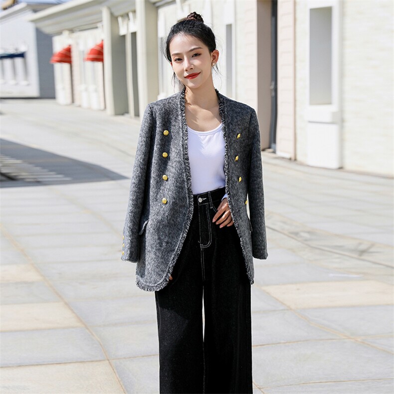 小香风流苏毛边双面呢大衣女2025秋冬季新款高端气质羊毛西装外套,女装毛呢外套,丝露怡语