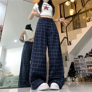 夏季复古蓝色格子休闲裤男女美式垂感长裤阔腿宽松直筒裤子图片
