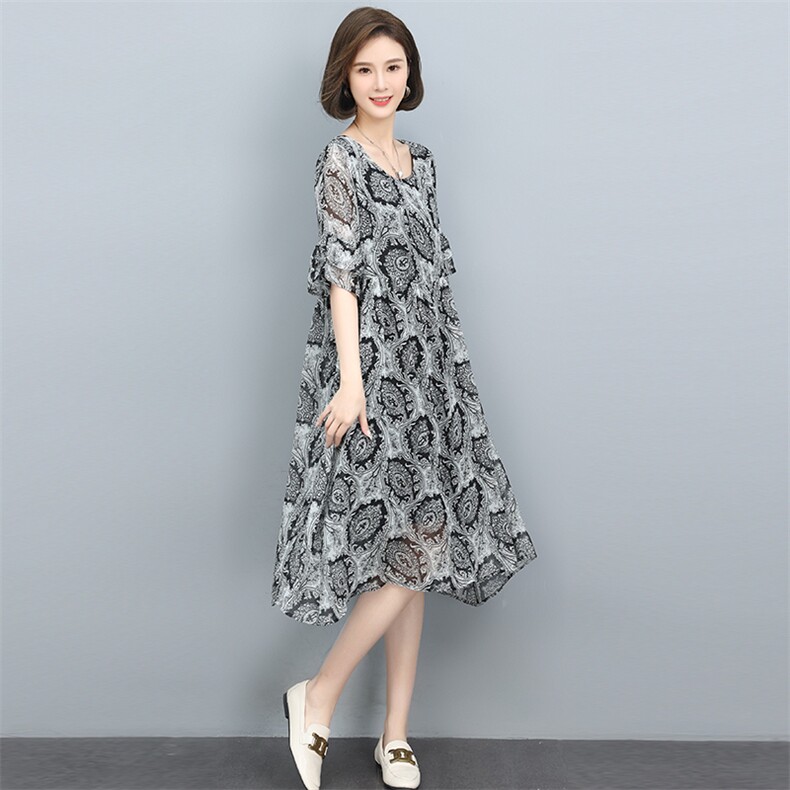 2022夏季新款复古印花连衣裙宽松显瘦遮肚雪纺裙,女装连衣裙,依恋蒂丝